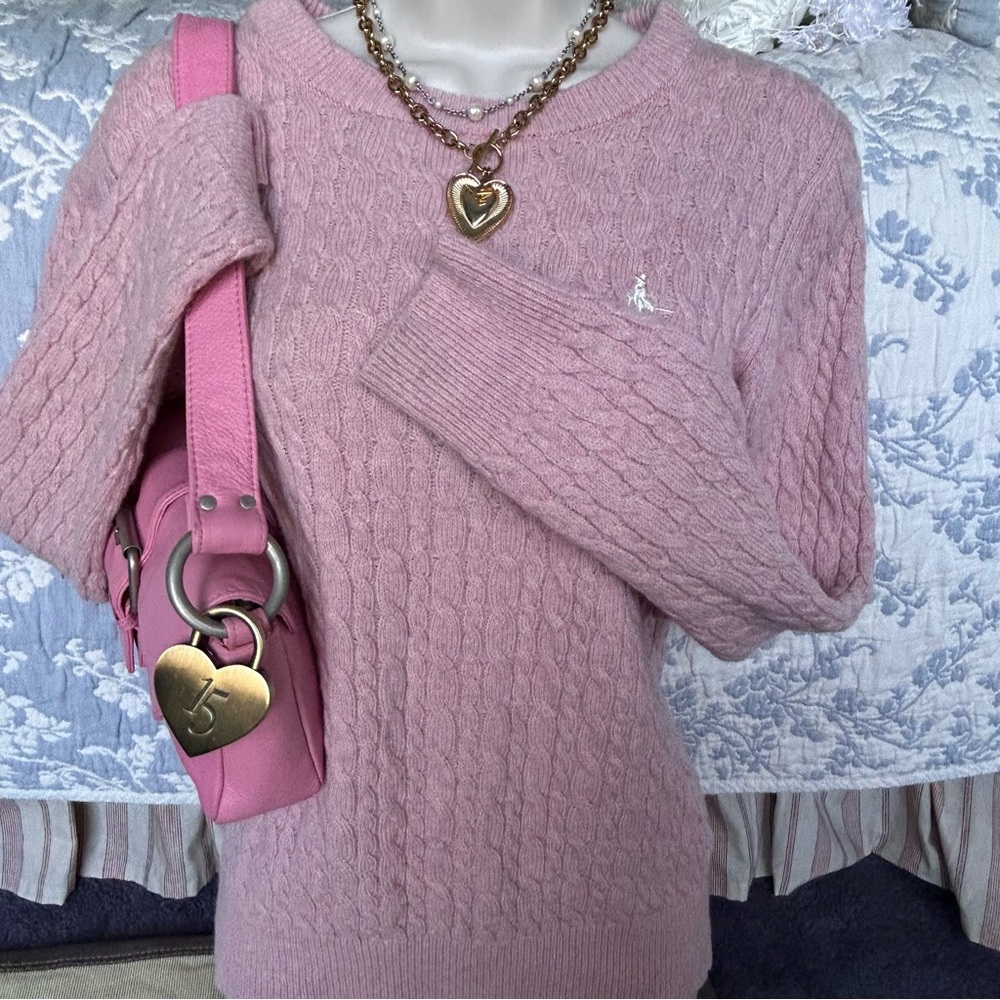 Vintage 90s y2k baby pink cable knit coquette sweater